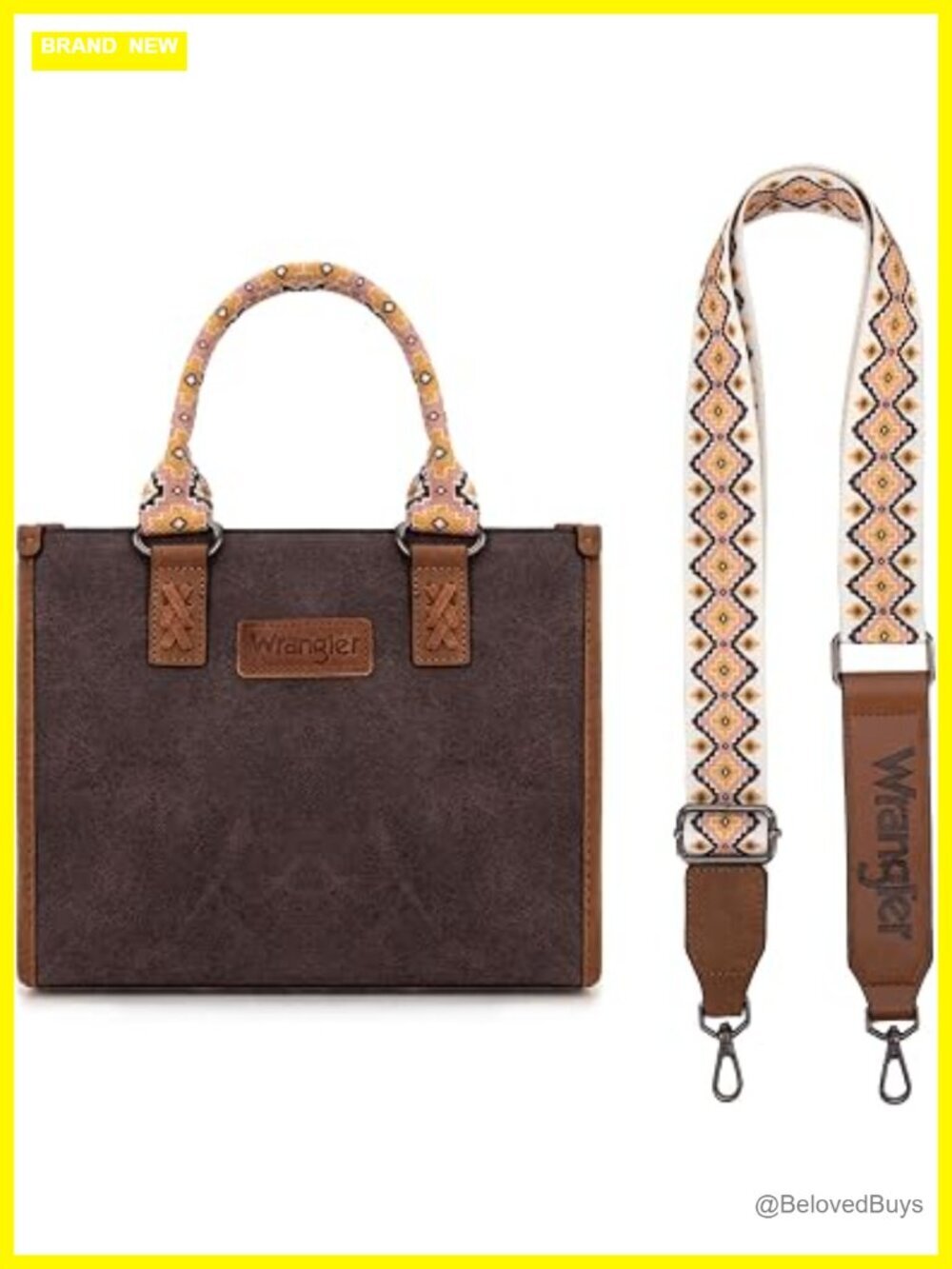 Faux Suede Tote Bag with Aztec Print and Whipstitch Details, Top Handle with